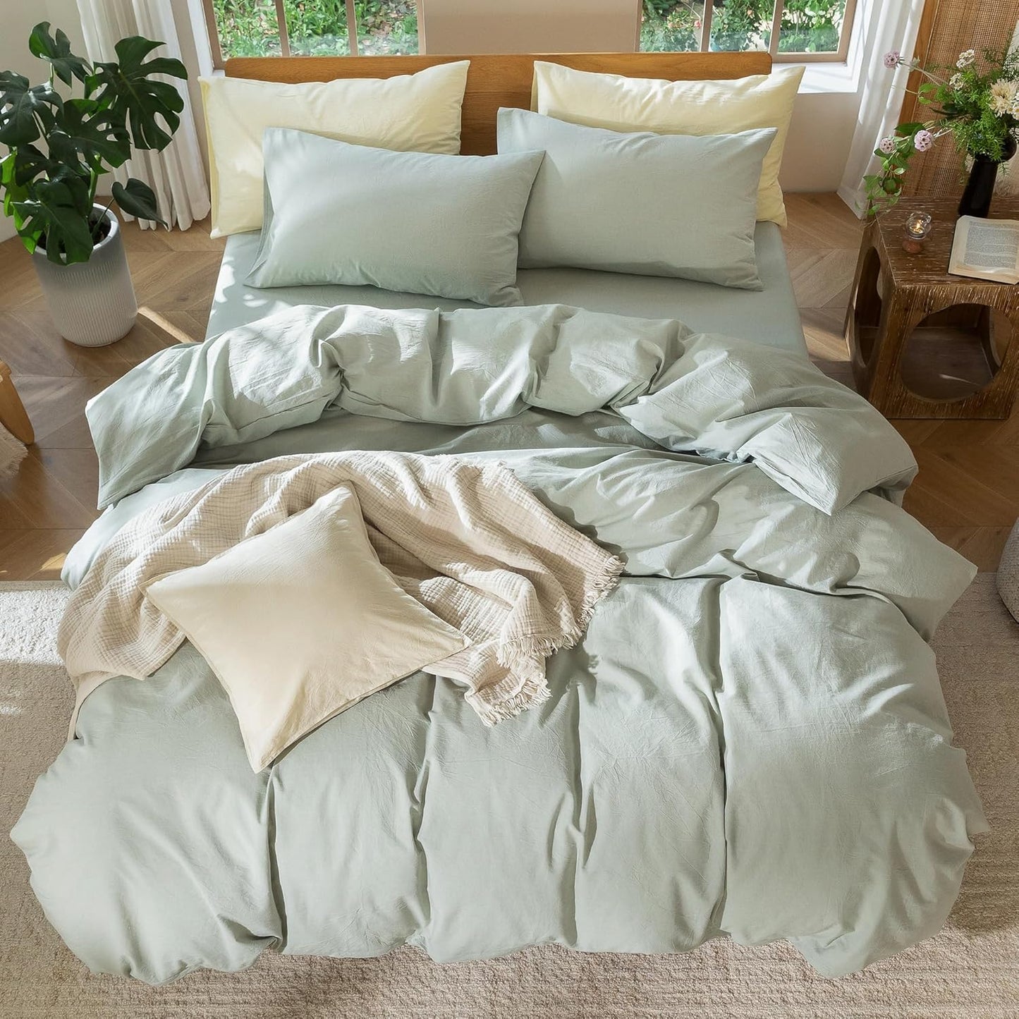 MooMee Bedding Duvet Cover Set 100% Washed Cotton Linen Like Textured Breathable Durable Soft Comfy (Heathered Sage Green, Twin 68"x90")
