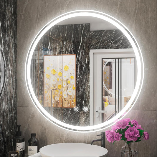 36 Inch Round LED Mirror for Bathroom, Front & Backlit Round Lighted Vanity Mirror for Wall, Adjustable Brightness, 6000K, Anti Fog, Touch, Memory