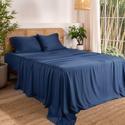 Bare Home 100% Rayon Made from Bamboo Luxury Twin Sheet Set - 3 Piece Bedding Set - Deep Pockets - Cooling Sheets - Breathable - Easy Fit - Soft Bedding Sheets & Pillowcases (Twin, Dark Blue)