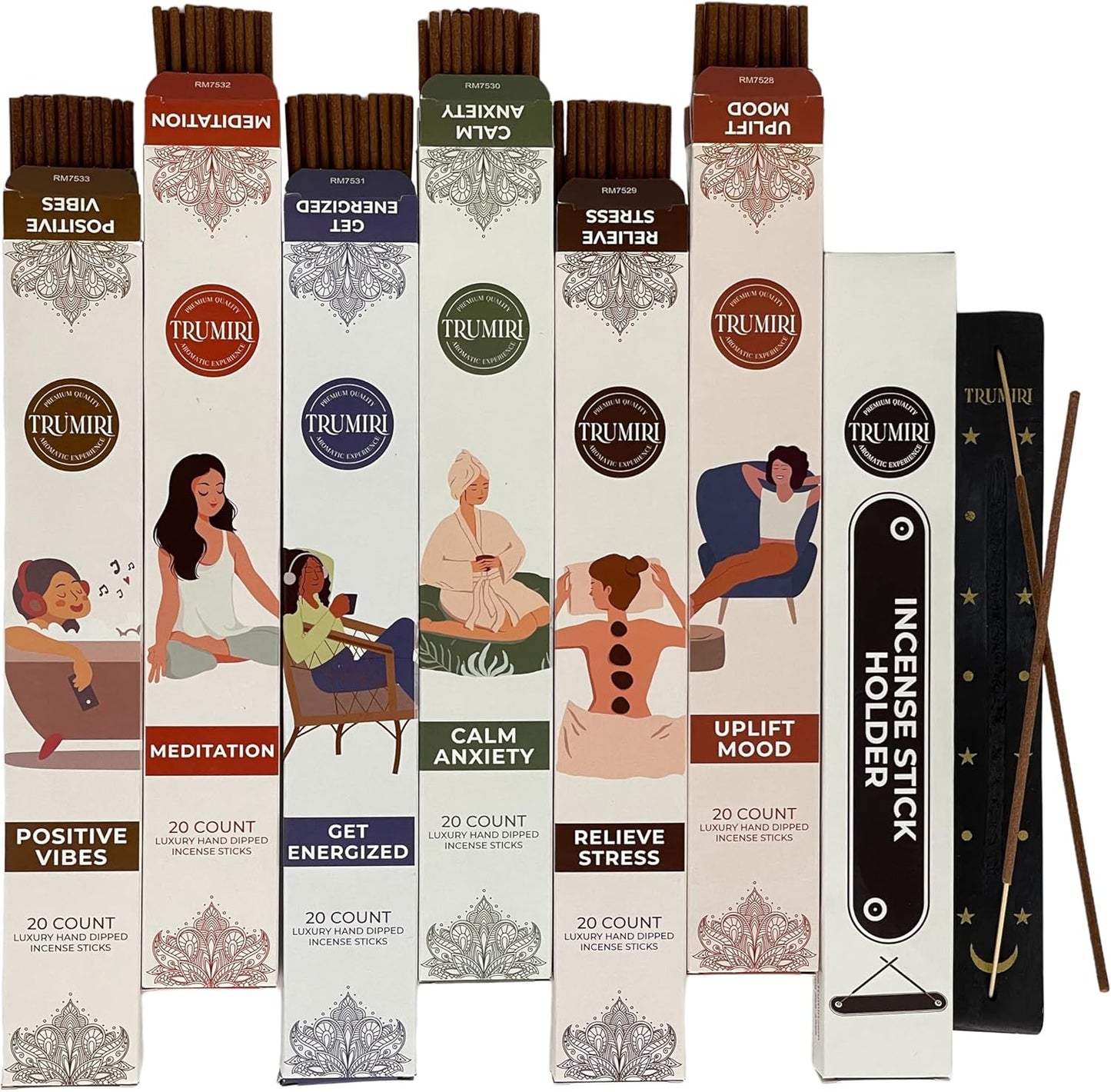 Aromatherapy Incense Sticks - Total 120 Insence-Sticks (20 Insense x 6 Inscents) - Inciensos Aromaticos para La Casa Aroma Incents for Positive Vibes Meditation Stress Relief + Incense Holder