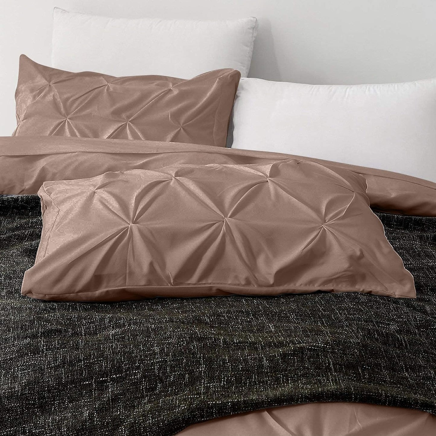 Pinch Pleated Duvet Cover Set 100% Brushed Microfiber 3PC Calking Size 98x104 Duvet Cover Set, Decorative Pinch Design Taupe Duvet Cover with Matching Pillow Case