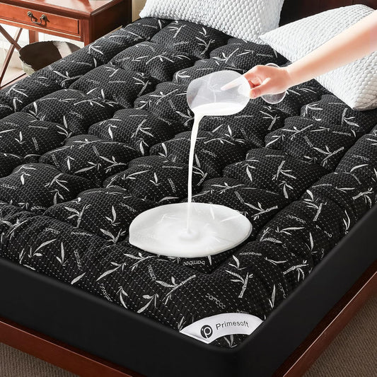100% Waterproof King Size Mattress Topper, Thick Pillow Top Mattress Pad，Up to 25 Inch Deep Pocket,Soft Breathable Mattress Pad for Back Pain, Protector Cover(Black)