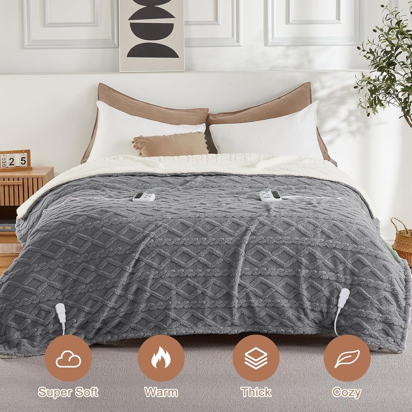 CAROMIO Electric Blanket Queen Size Dual Control - Thick Tufted Sherpa Heated Blanket Queen with 10 Heating Levels and 10 Time Settings, ETL Certified Fast Heating Blanket Queen Size 84"×90", Grey