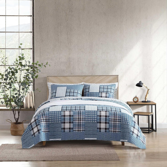 Eddie Bauer - King Quilt Set, Reversible Cotton Bedding with Matching Shams, Patchwork Plaid Bedding Set (Hawthorne Blue, King)