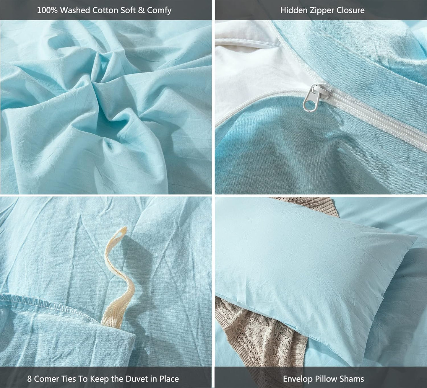 MooMee Bedding Duvet Cover Set 100% Washed Cotton Linen Like Textured Breathable Durable Soft Comfy (Heathered Light Blue, Full 80"x90")