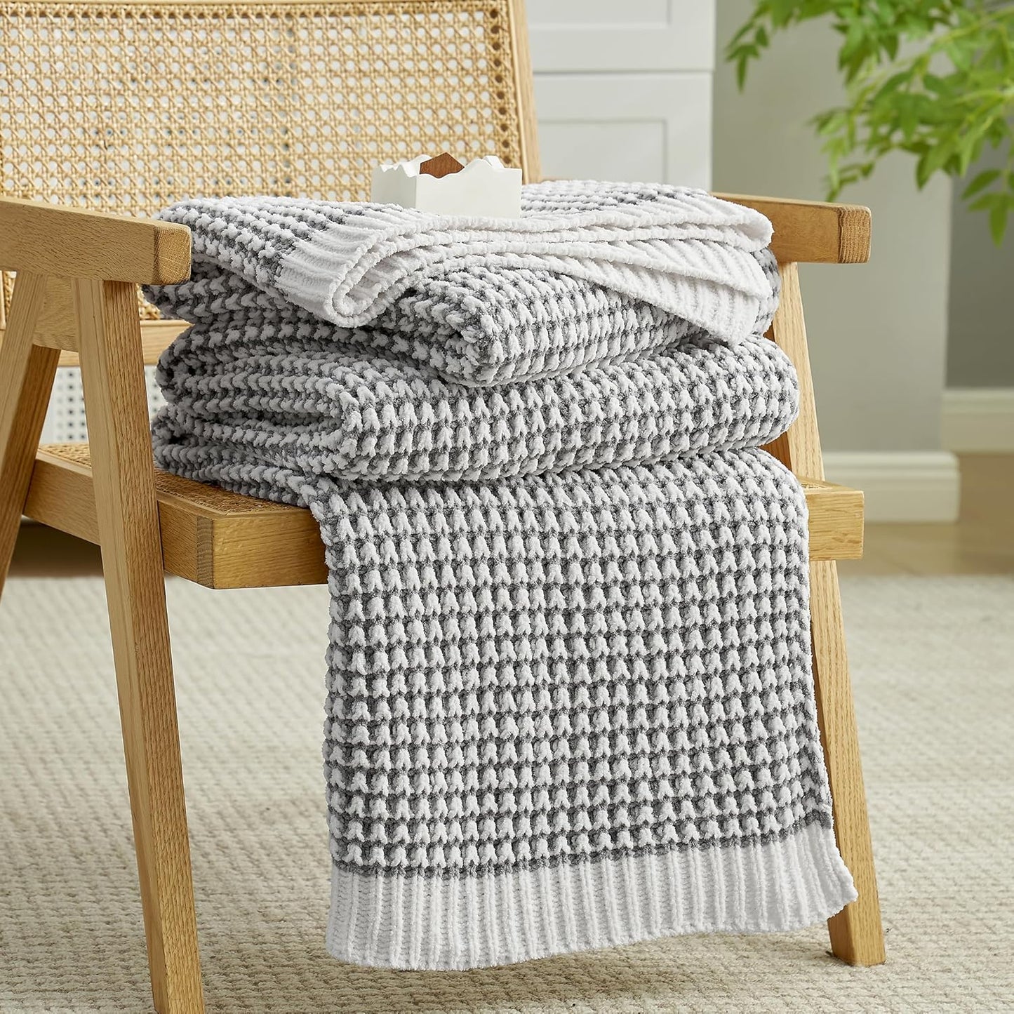 Amélie Home Waffle Chenille Throw Blanket for Couch, Pineapple Stitch Knit Soft Cozy Knit Blanket Decorative Throw for Sofa, Chair, 60"x80", Grey&Ivory