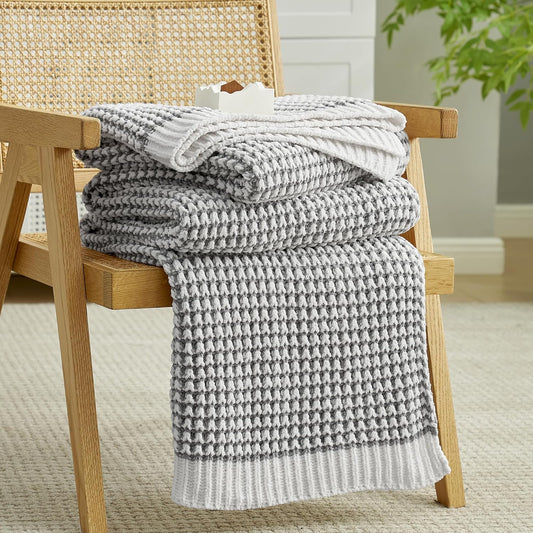 Amélie Home Waffle Chenille Throw Blanket for Couch, Pineapple Stitch Knit Soft Cozy Knit Blanket Decorative Throw for Sofa, Chair, 60"x80", Grey&Ivory
