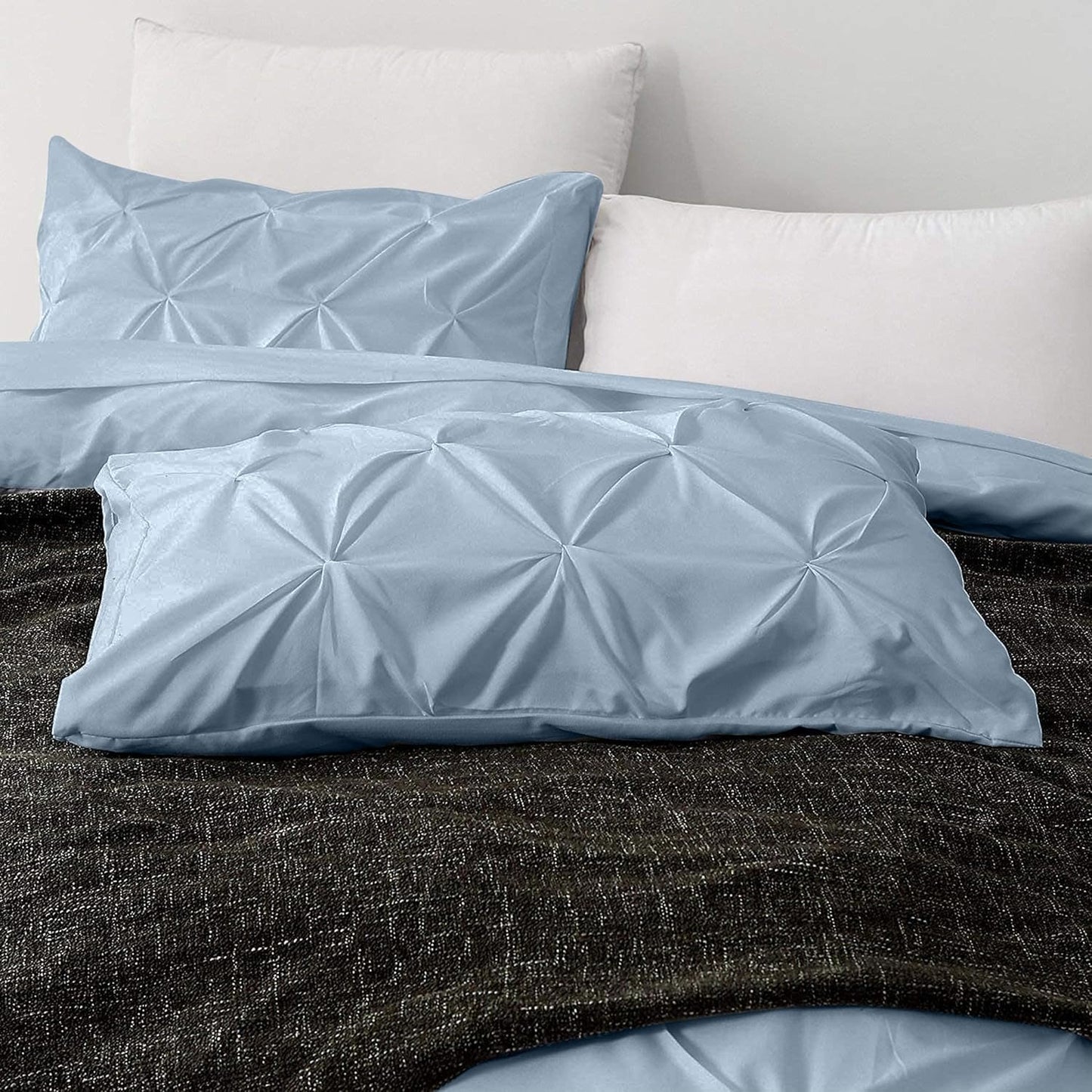 Pinch Pleated Duvet Cover Set 100% Cotton 3PC Twin Size 68x90 Duvet Cover Set, Decorative Pinch Design Sky Blue Duvet Cover with Matching Pillow Case