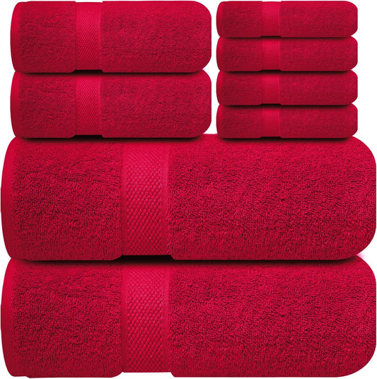 Infinitee Xclusives Luxury 100% Cotton Towel Set – 8 Piece Bathroom Towel Set (2 Bath Towels, 2 Hand Towels, 4 Washcloths) – Soft & Absorbent Towels for Bathroom (Intimate Red)