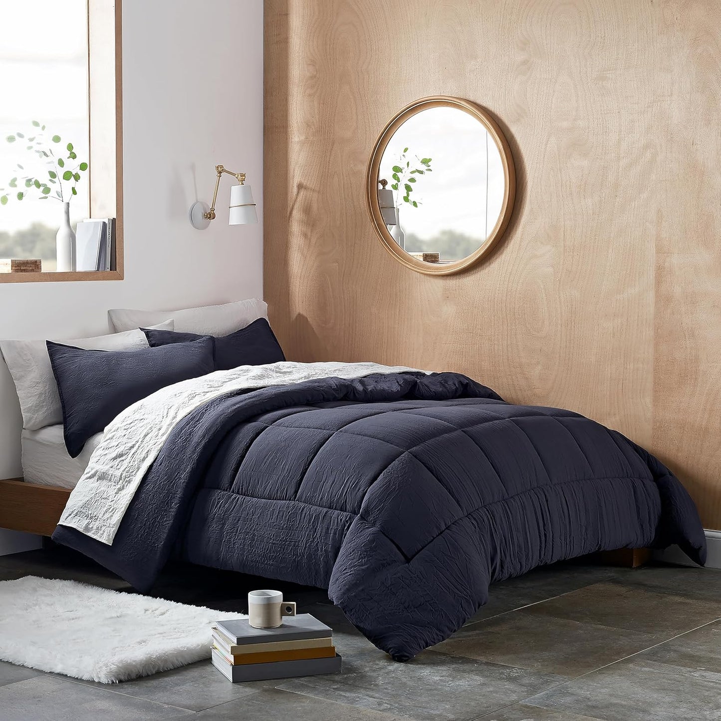 UGG King Size Comforter Set with 2 Pillow Shams Lightweight Down Alternative Comforter King Size Blanket Reversible Cozy Warm All Season Washable Hypoallergenic Bedding Set, Navy Blue (Leonora)