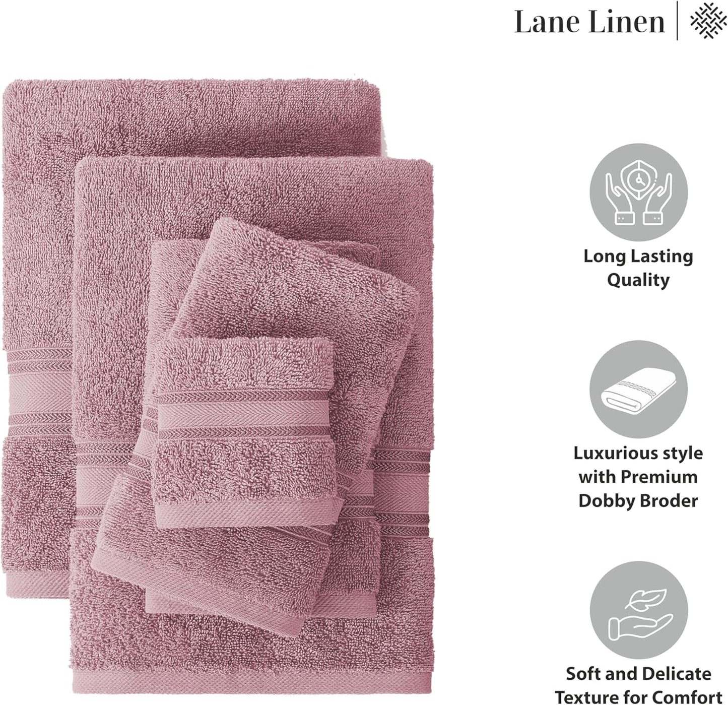 LANE LINEN Bathroom Towels Set of 12 – Zero Twist, 100% Cotton, 4 Bath, 4 Handtowel & 4 Washcloths, Luxury Hotel Design, Perfect for Salon & Guests, Machine Washable – Wishful Mauve