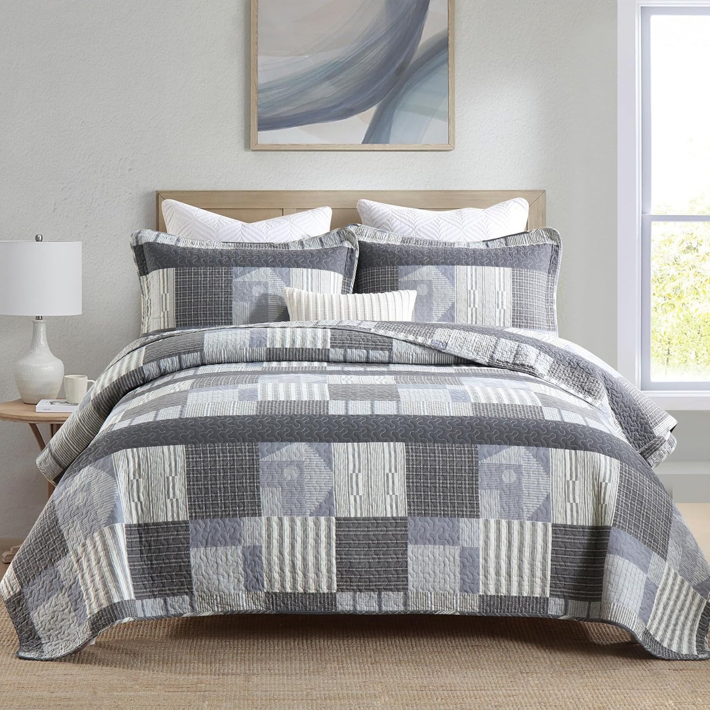 Homzard Grey Comforter Set,Cotton Plaid Striped Quilts Queen Size for The Bed,Reversible Geometric Queen Size Bedspread with 2 Pillow Shams,Lightweight 3 Piece Bedding All Season