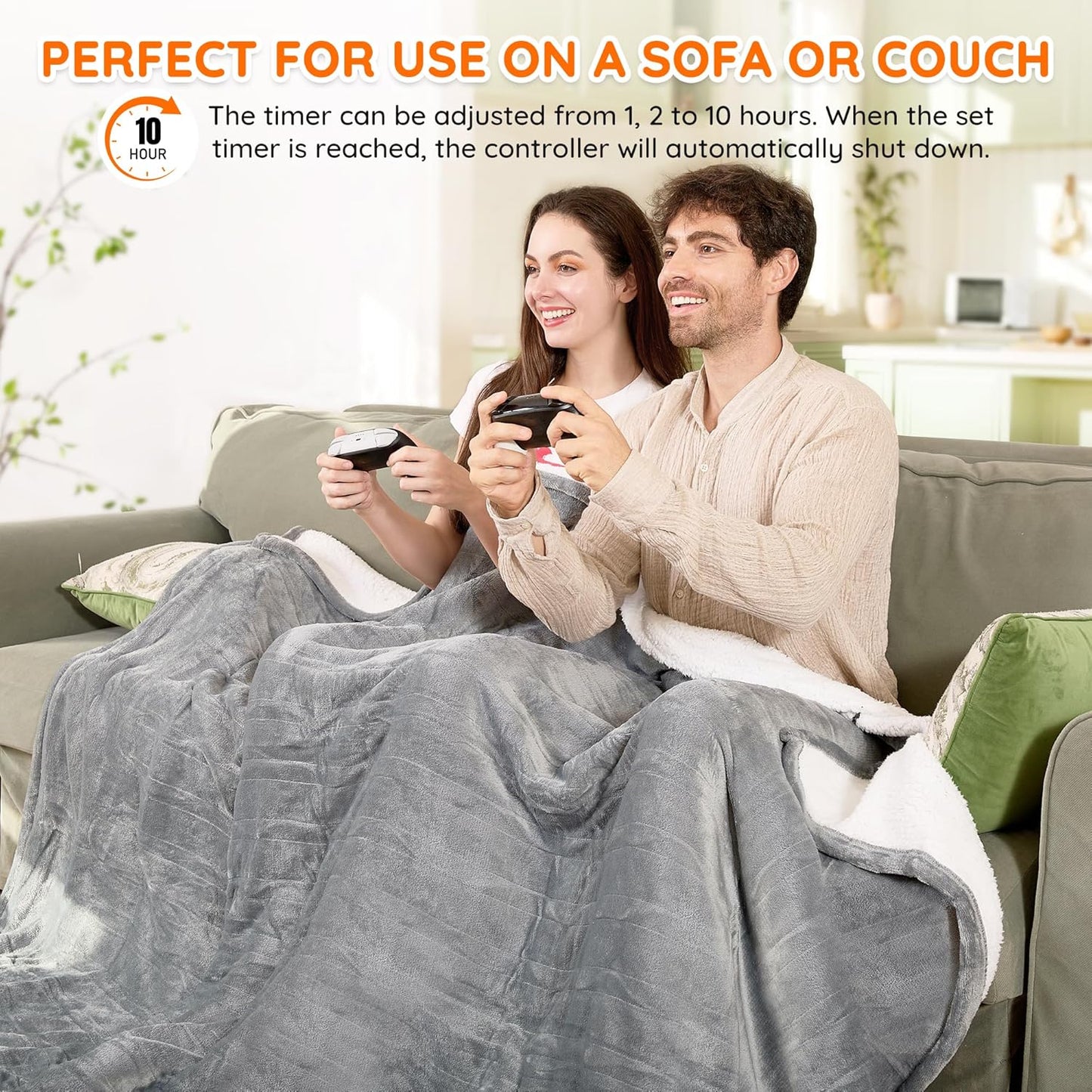 Mia&Coco Electric Blanket Twin - 62"x84" Flannel Heated Blanket,10 Heat Levels, 10-Hour Auto-Off, Fast Heating, Overheat Protection, Machine Washable, Soft Heating Blanket for Home and Office (Gray)