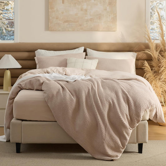 Bedsure 100% Cotton Duvet Cover King Size with Fitted Sheet - 4 Pieces Khaki Waffle Weave Bedding Set, GentleSoft™ and Breathable, Includes 1 Duvet Cover 104x90, 1 Fitted Sheet, 2 Pillow Shams