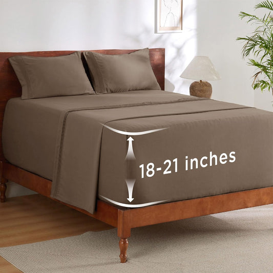 Bedsure Deep Pocket Queen Sheets Set - Fits Mattresses Up to 21 Inches Thick - 4 Piece GentleSoft Bed Sheets, Moisture Wicking, Soft & Cooling Bedsheet & Pillowcases, Easy & Secure Fit, Light Brown