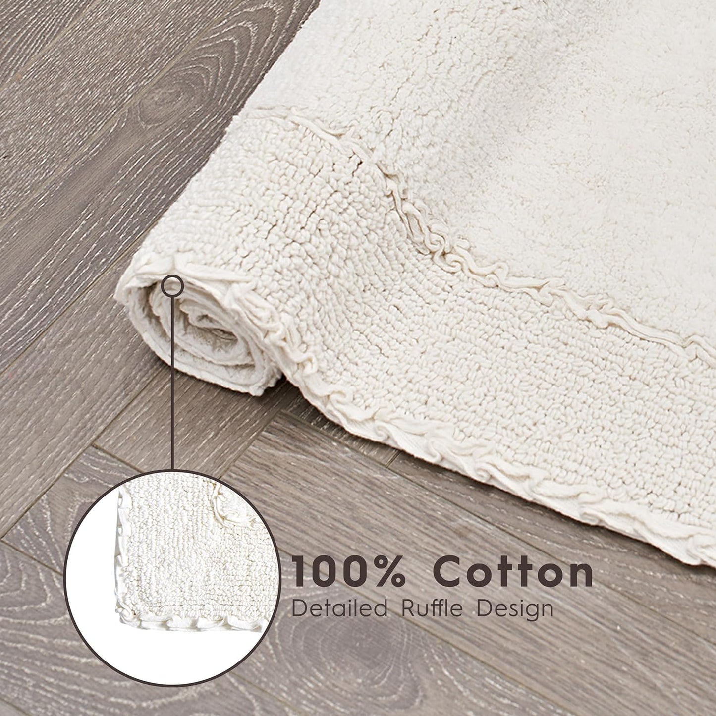 Laura Ashley Ruffle Border Ivory 17" x 24"/ 20" x 32" 100% Cotton Bath Rug Set