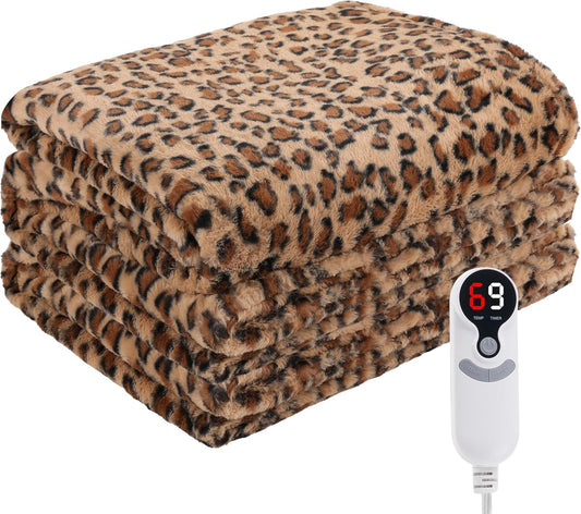 Electric Heated Blanket Twin Size 62”x84”,Soft with 6 Heating Settings 1-10 Hours Auto-Off, One Touch Operation, Machine Washable, Brown Leopard Print