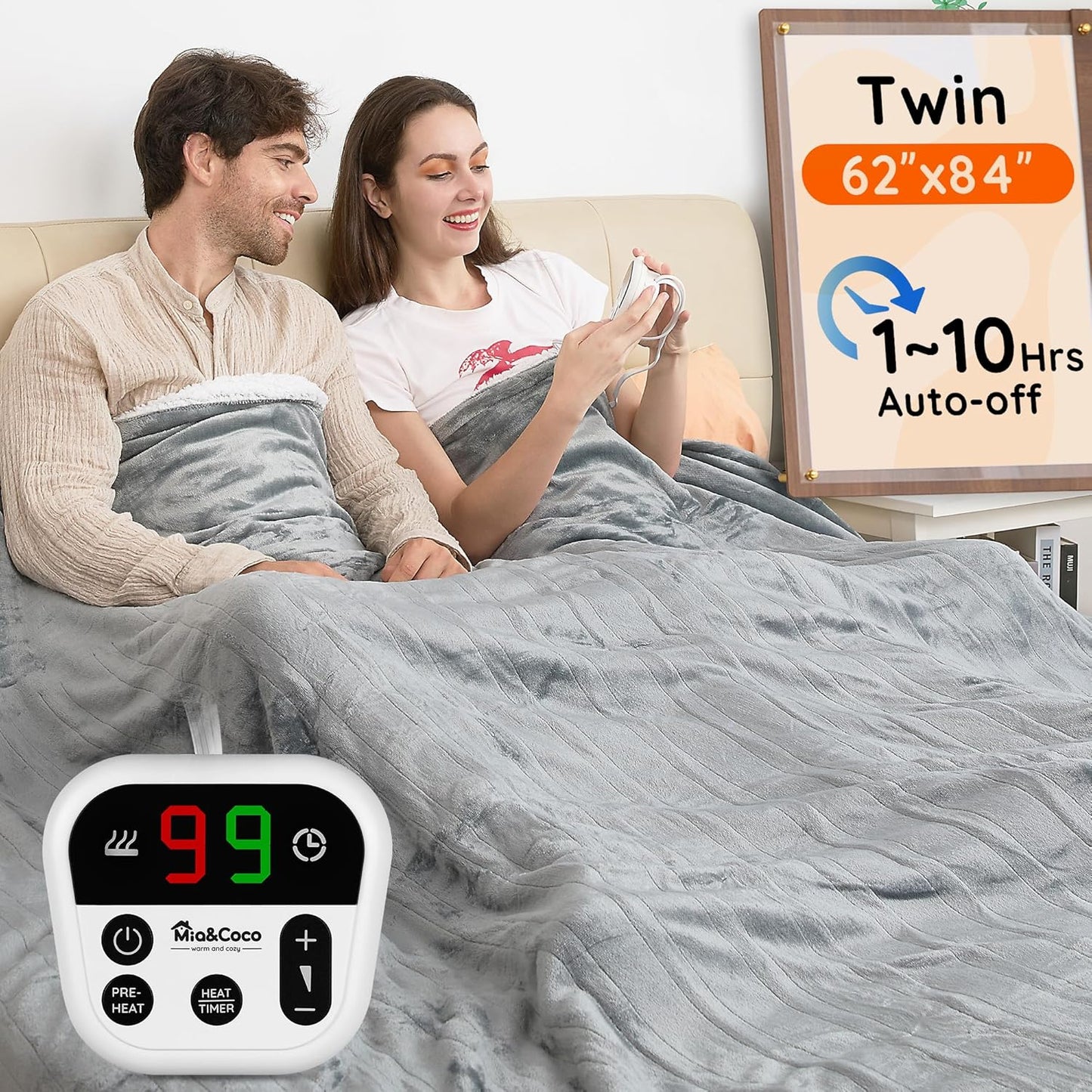 Mia&Coco Electric Blanket Twin - 62"x84" Flannel Heated Blanket,10 Heat Levels, 10-Hour Auto-Off, Fast Heating, Overheat Protection, Machine Washable, Soft Heating Blanket for Home and Office (Gray)