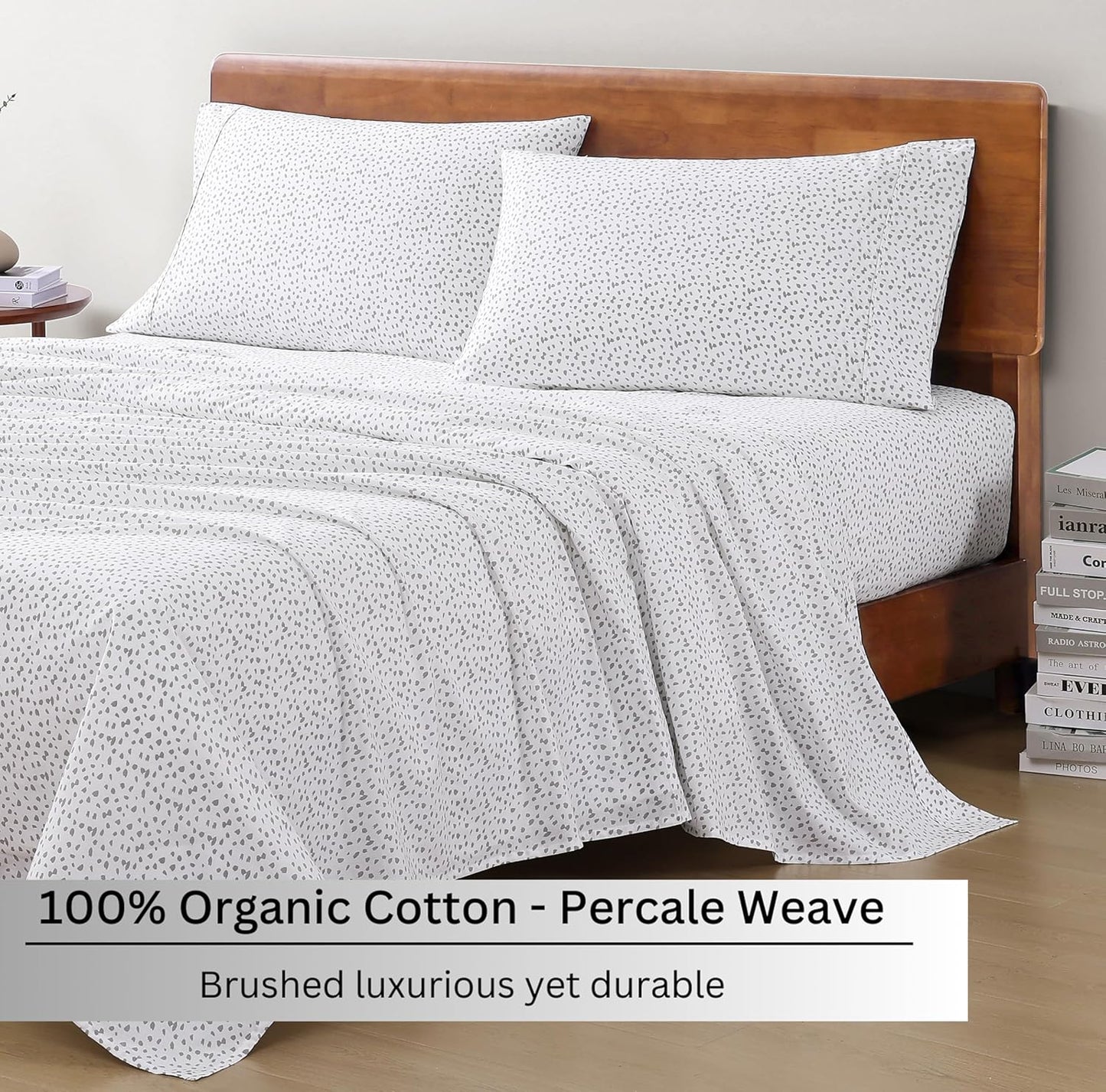 LANE LINEN Sustainably Produced 100% Organic Cotton Queen Sheet Set, Soft & Comfy Fully Elasticized Printed Bedding Sheets & Pillowcase Set, 15" Deep Pocket Queen Sheets- Haze Grey