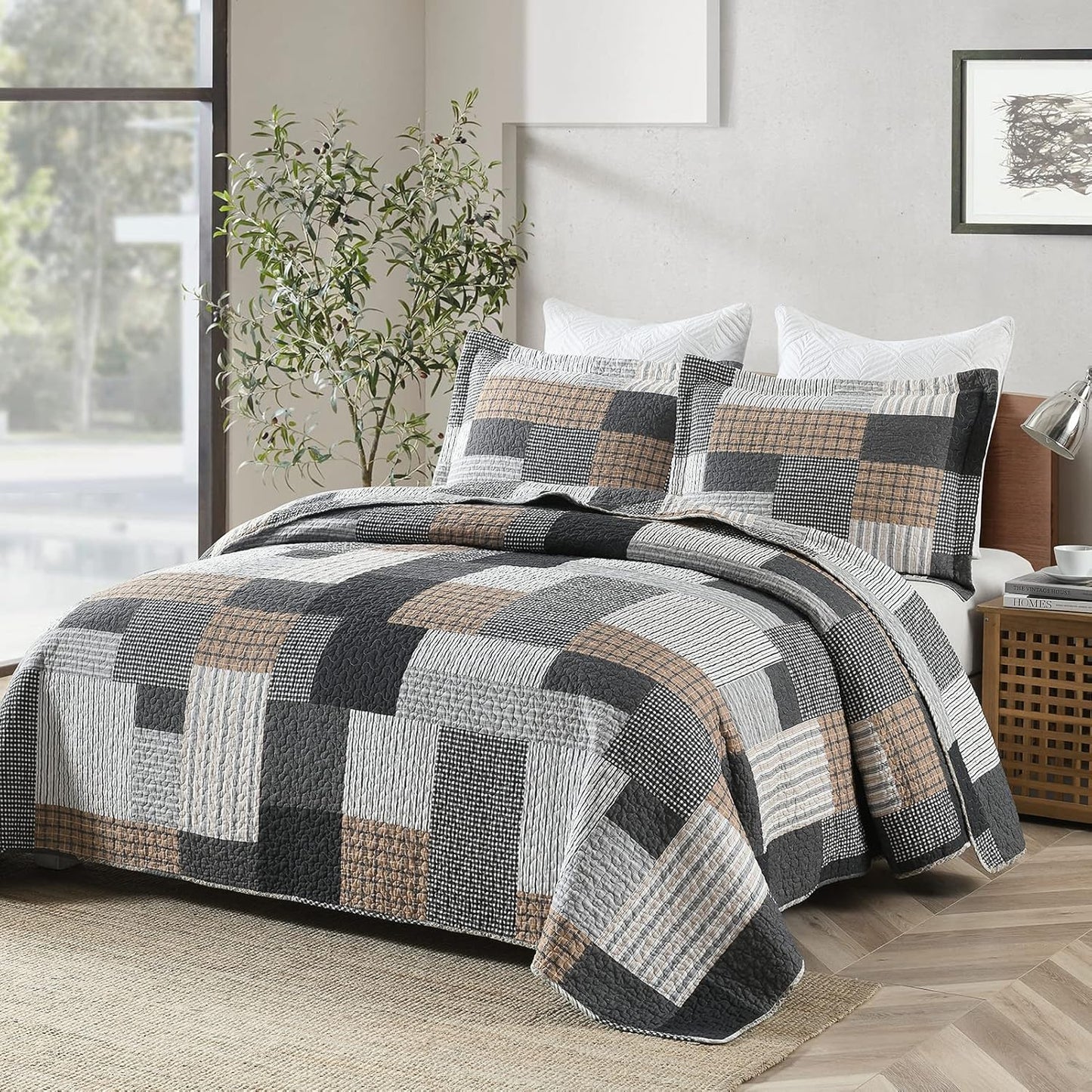Y-PLWOMEN Quilt King Size - 3 Piece Cotton Quilts Lightweight Bedspreads Farmhouse Plaid King Size Quilt Cozy Reversible Quilt Bedding Set All Season, Grey Black Brown White