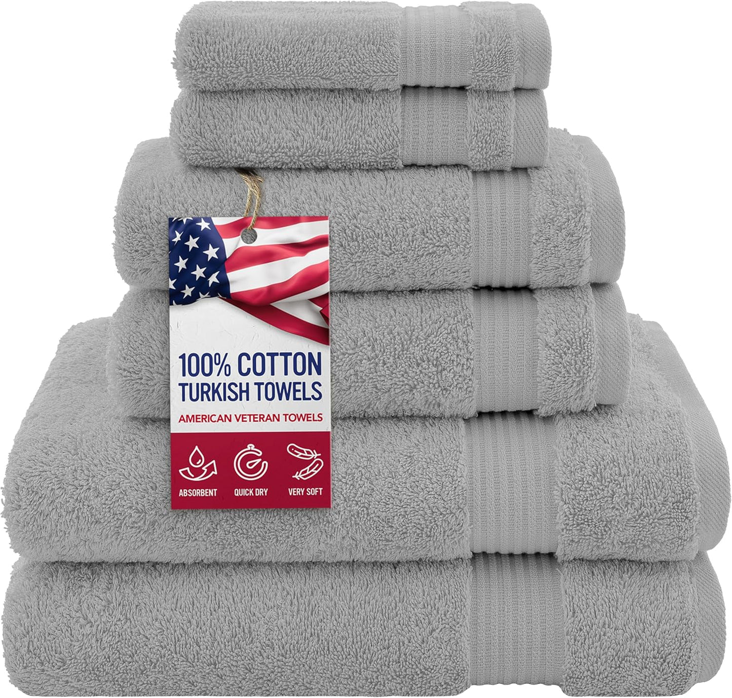 American Veteran Towel, 100% Cotton Turkish 6 Piece Towel Set, Luxury Towels Set of 6 for Bathroom Essentials, 2 Bath Towel 2 Hand Towel 2 Washcloth, Light Grey