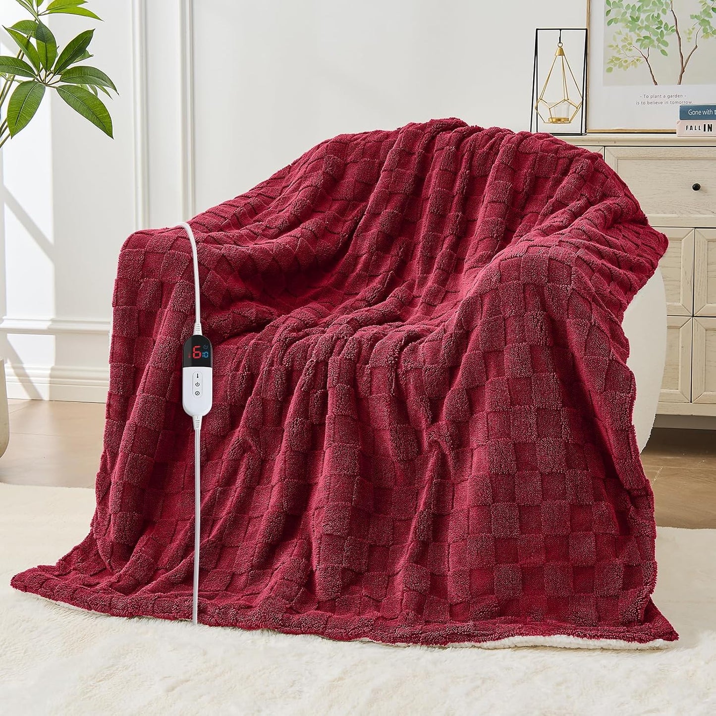 Electric Heated Blanket Twin Size - Jacquard Checkered Sherpa 62"x84" Fast Heating Bed Blankets with 6 Heating Levels & 10 Hours Auto Off, Over-Heat Protection ETL, Red