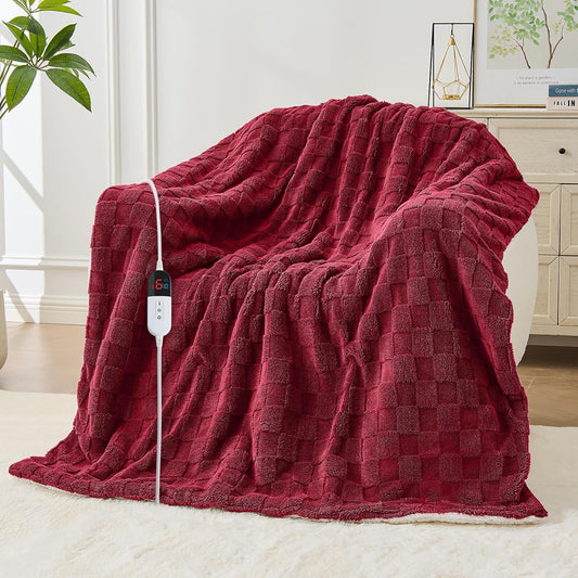Electric Heated Blanket Full Size - Jacquard Checkered Sherpa 72"x84" Fast Heating Bed Blankets with 6 Heating Levels & 10 Hours Auto Off, Over-Heat Protection ETL, Red