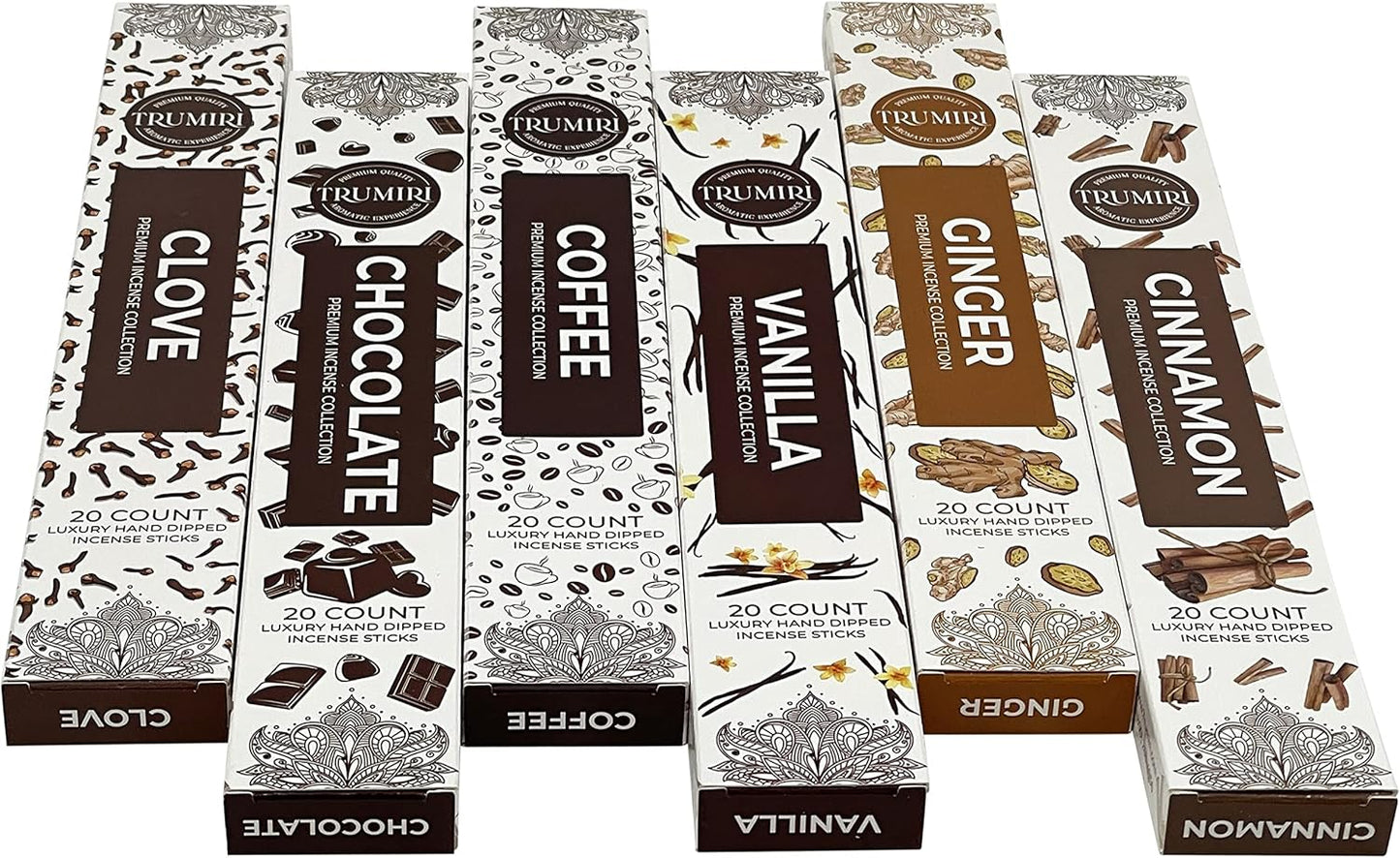Gourmet Incense Sticks Variety Pack - 120 Insence-Sticks (6 Incents x 20 Insense) - Cinnamon Vanilla Coffee Chocolate - Natural Inscents-Sticks Non Toxic Inciensos + Incense Holder for Fall Christmas