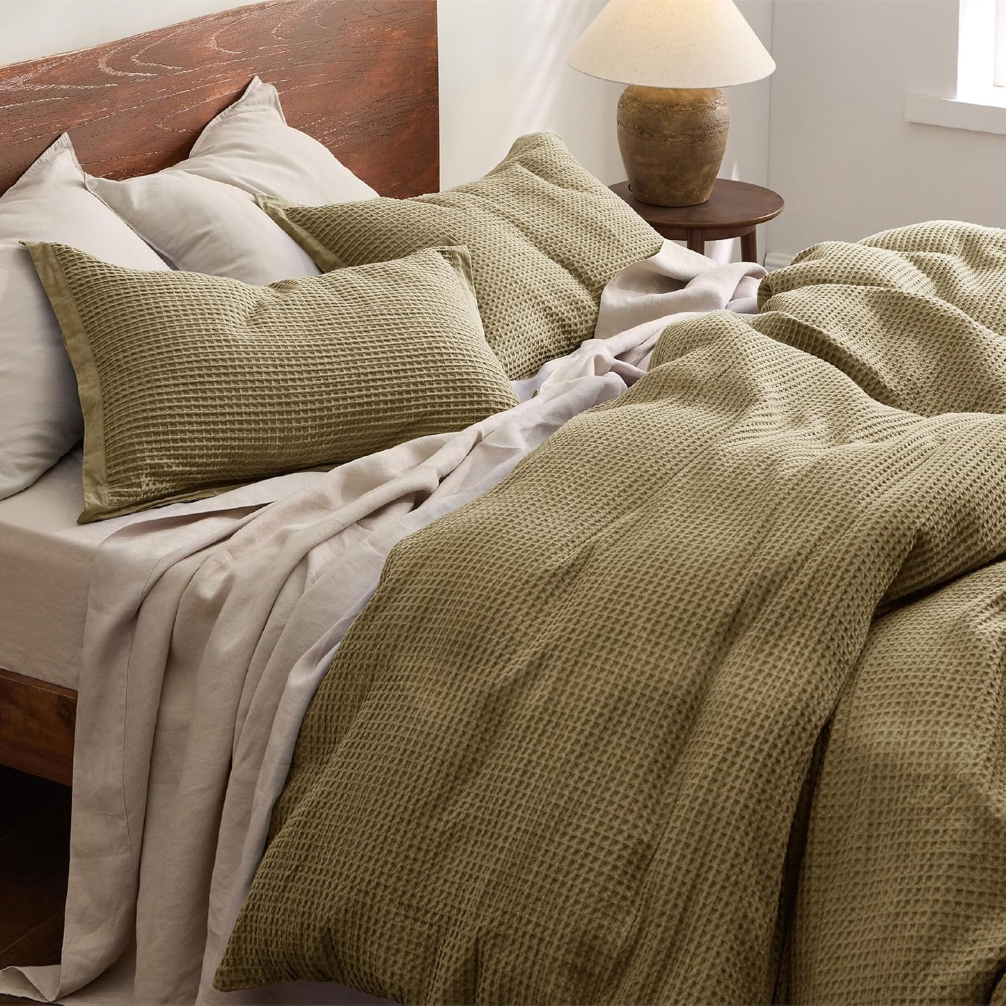 Bedsure Cotton Duvet Cover Queen Size - 100% Cotton Waffle Weave Fennel Seed Duvet Cover Queen Size, GentleSoft™ and Breathable Bedding Set for All Season, 3 Pieces, 90"x90"