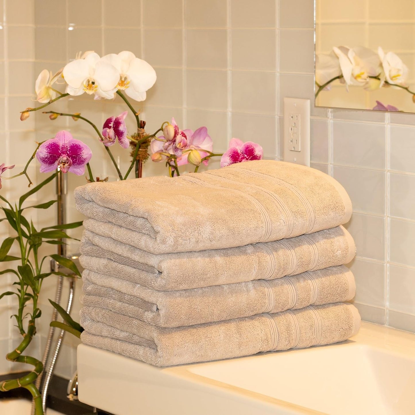Mosobam Luxury Turkish Set of 4 Bath Towels 30X58 Light Grey (Gray) 700 GSM Bamboo Viscose & Aegean Turkish Combed Cotton