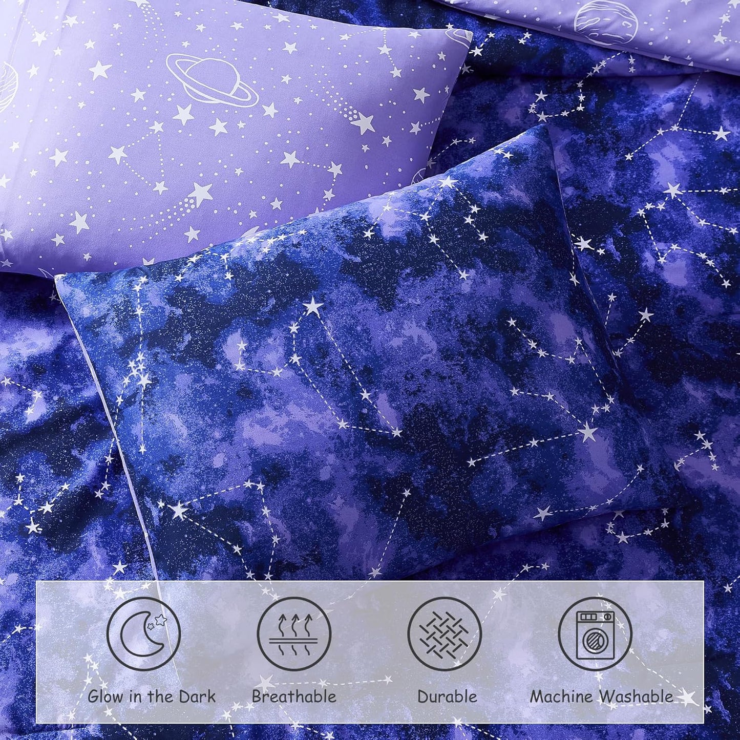 Full Size Comforter Set -7 Pieces Girls Boys Galaxy Glow in The Dark Full Bedding Sets for Kids, Ultra Soft Bed in A Bag with Sheets