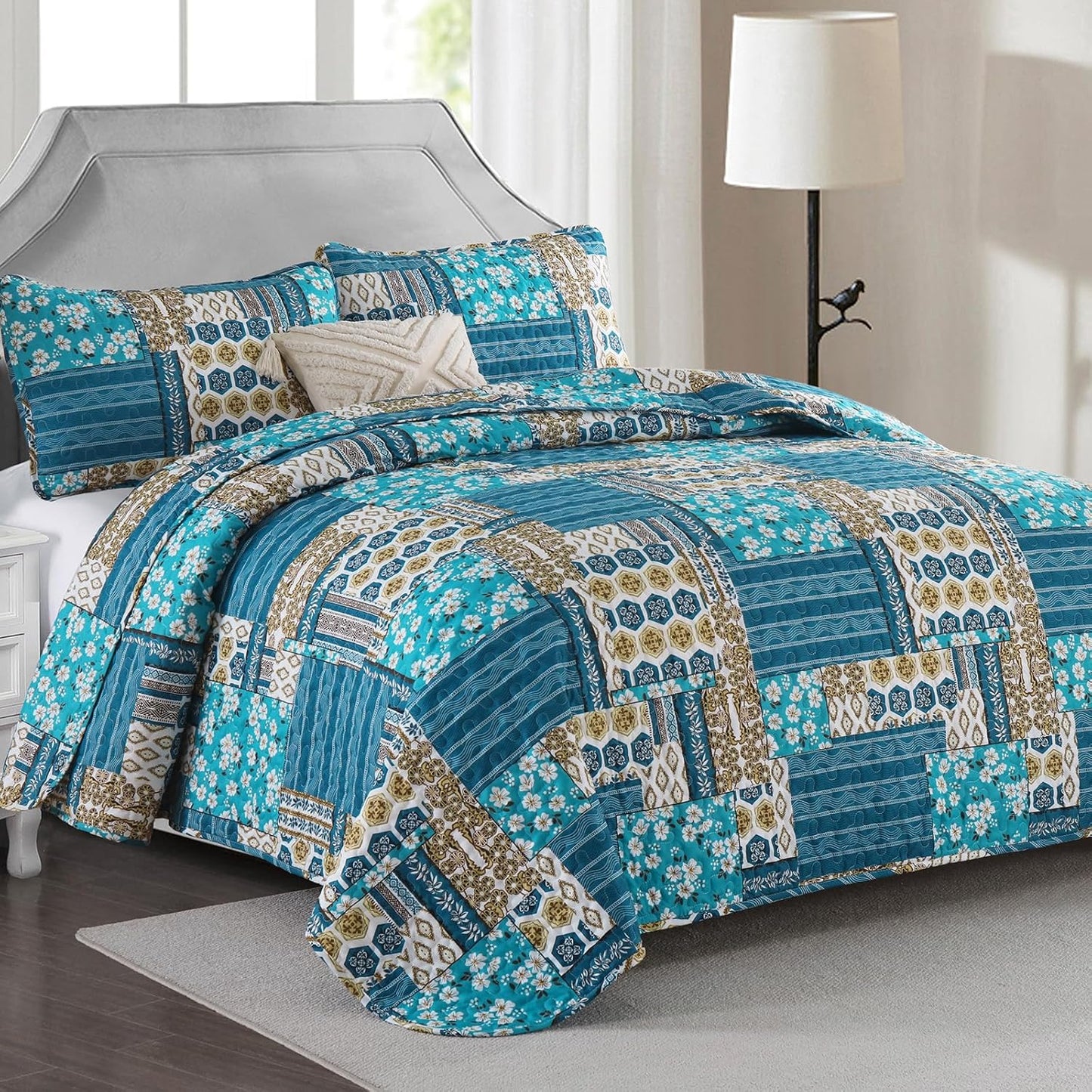 Mybedsoul Dusty Blue Quilt Set Queen Size, 3 Pieces Plaid Floral Bedspread Set Patchwork Reversible Bedding Set Microfiber Lightweight Bedspread Coverlet Set for All Season 96"x90"