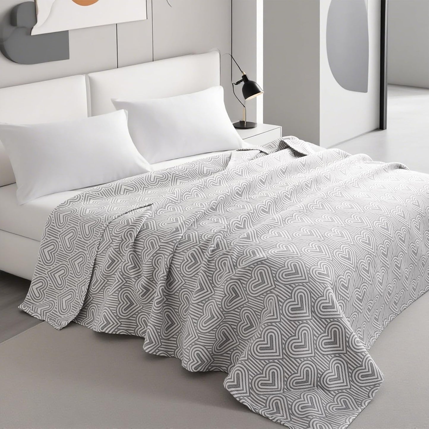 NTBAY 3 Layers Cotton Muslin 68x92 Twin Bed Blanket, Super Soft Breathable Thermal Yarn Dyed Quilt for Adults, Perfect Lightweight Blanket for Couch Sofa Bed All Seasons, Grey Heart
