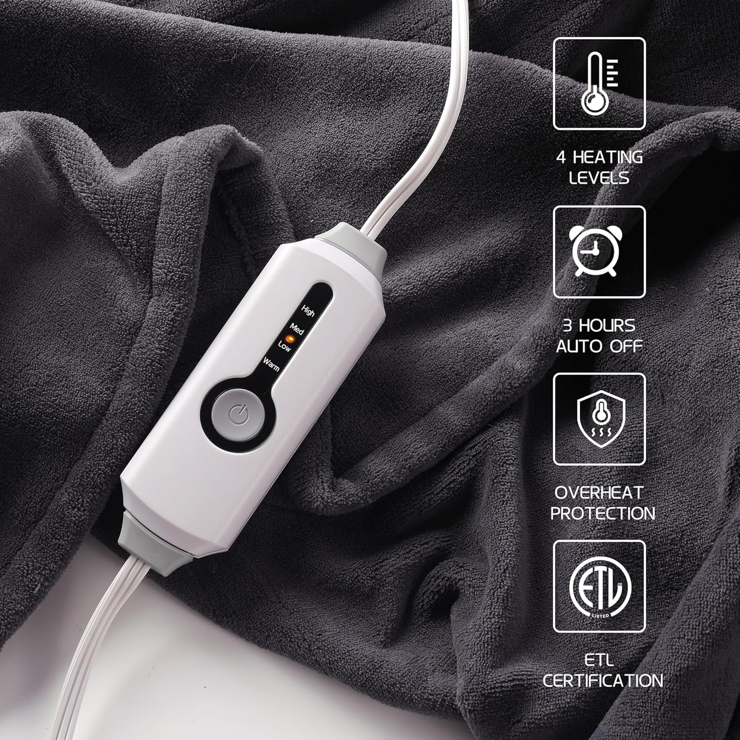 Electric Heated Blanket 50"x60" Throw Size, Soft Coral Fleece with 4 Heating Levels and 3 Hours Auto-Off, Machine Washable, Cozy Plush Fabric for Home, Dark Gray