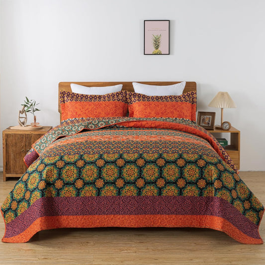HoneiLife Quilt Sets King Size - 3 Pieces Microfiber Quilt Lightweight Bedspreads Wildflower Coverlets Retro Bed Cover King Quilt Bedding Set All Season Quilts-Pumpkin