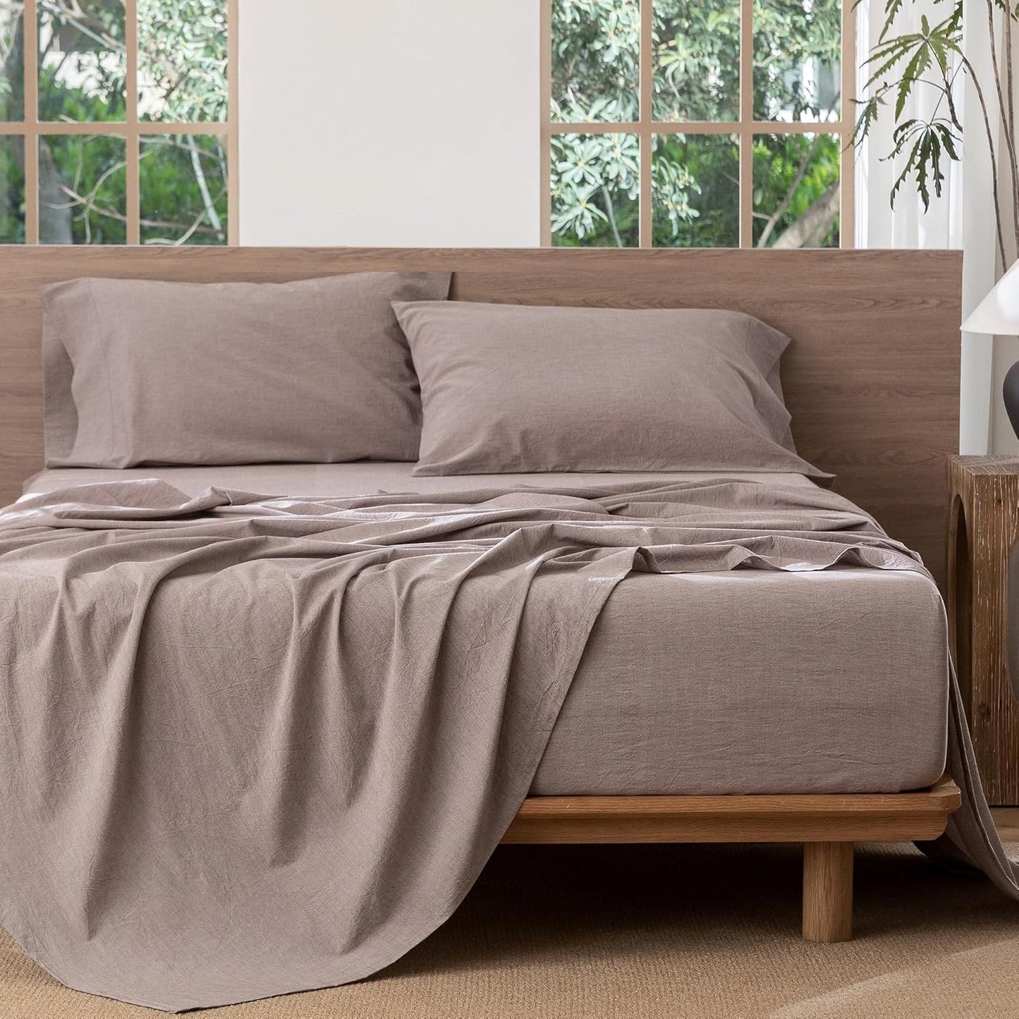 MooMee Bedding Sheet Set 100% Washed Cotton Linen Like Textured Breathable Durable Soft Comfy (Heathered Mauve Brown, King)