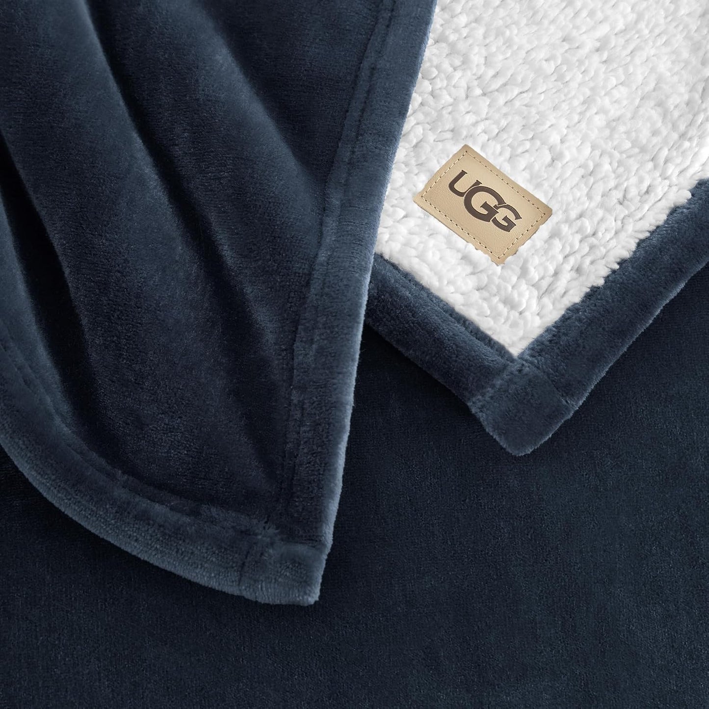 UGG Ariana Full/Queen Blanket Fleece Fluffy Reversible Soft Fuzzy Bedding Cozy Plush Warm Oversized Blanket Machine Washable Bedroom Decor for Big Couch or Bed, 90-inch x 90-inch, Navy Blue