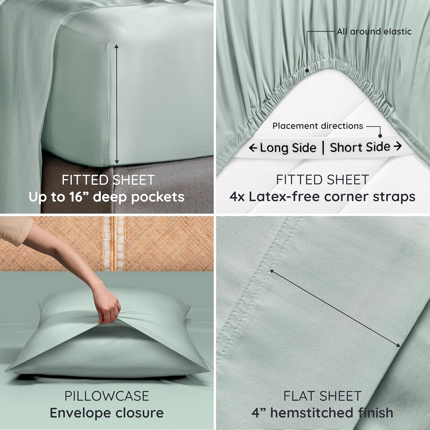 Bambaw 100% Viscose Derived from Bamboo Sheets Queen Size Set – 6pcs Deep Pocket Cooling Queen Sheets, Fits Up to 16'' with Elastic Corner Straps, Buttery Soft & Breathable (Sea Glass)