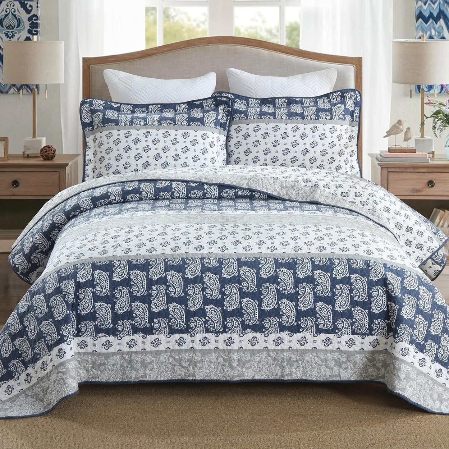 Quilt King Size, Cotton Comforter King Size,Navy Grey White Bedding Set, Farmhouse Striped Bedspread, Luxury Bed Set Bedroom for All Seasons 3 Piece