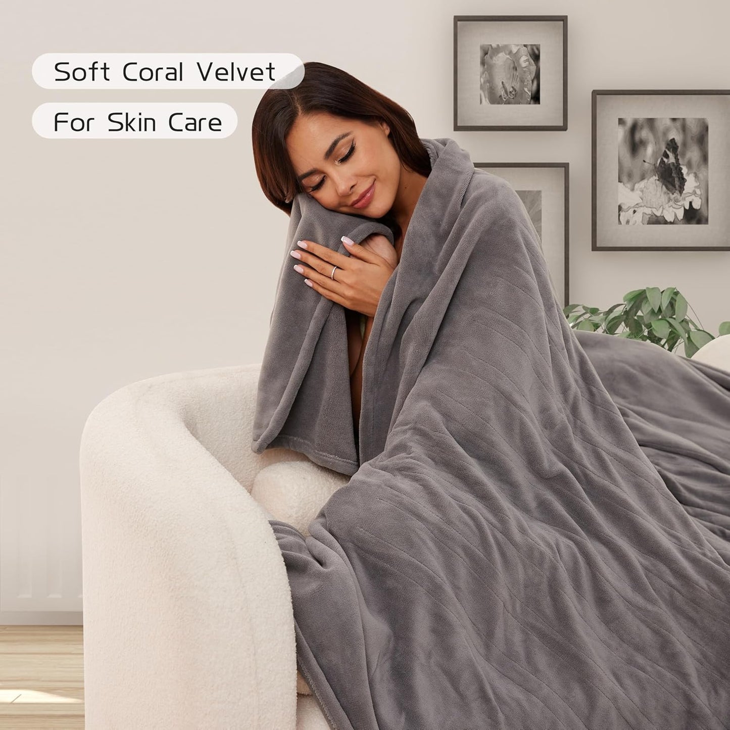 Electric Heated Blanket 50"x60" Throw Size, Soft Coral Fleece with 4 Heating Levels and 3 Hours Auto-Off, Machine Washable, Cozy Plush Fabric for Home, Light Grey
