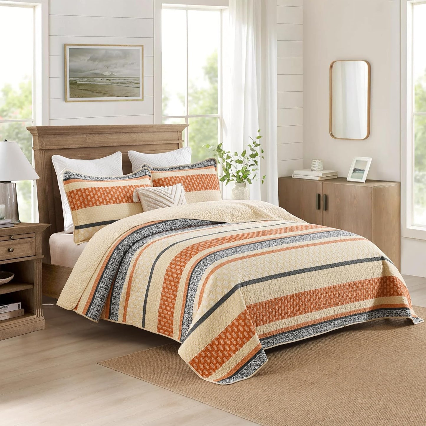 Homzard Quilt Bedding Set - Cotton Quilt Sets Queen Szie,Orange Grey Black Queen Size Bed, Farmhouse Lightweight Bedspread Set, 3 Piece All Season