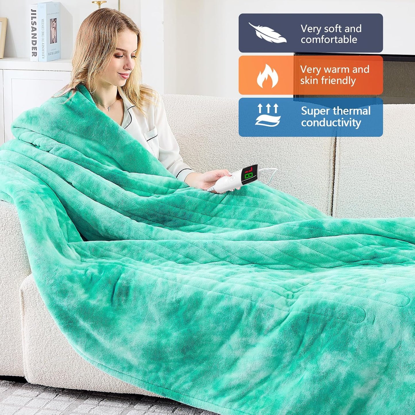 greenoak Heated Electric Blanket Throw, Faux Fur Sherpa Heating Blanket for Sofa Bed, Warm Winter Gifts for Women/Her, Heater Lap Blankets 5-Position Timer &10 Heating Levels 84''*90" Aqua