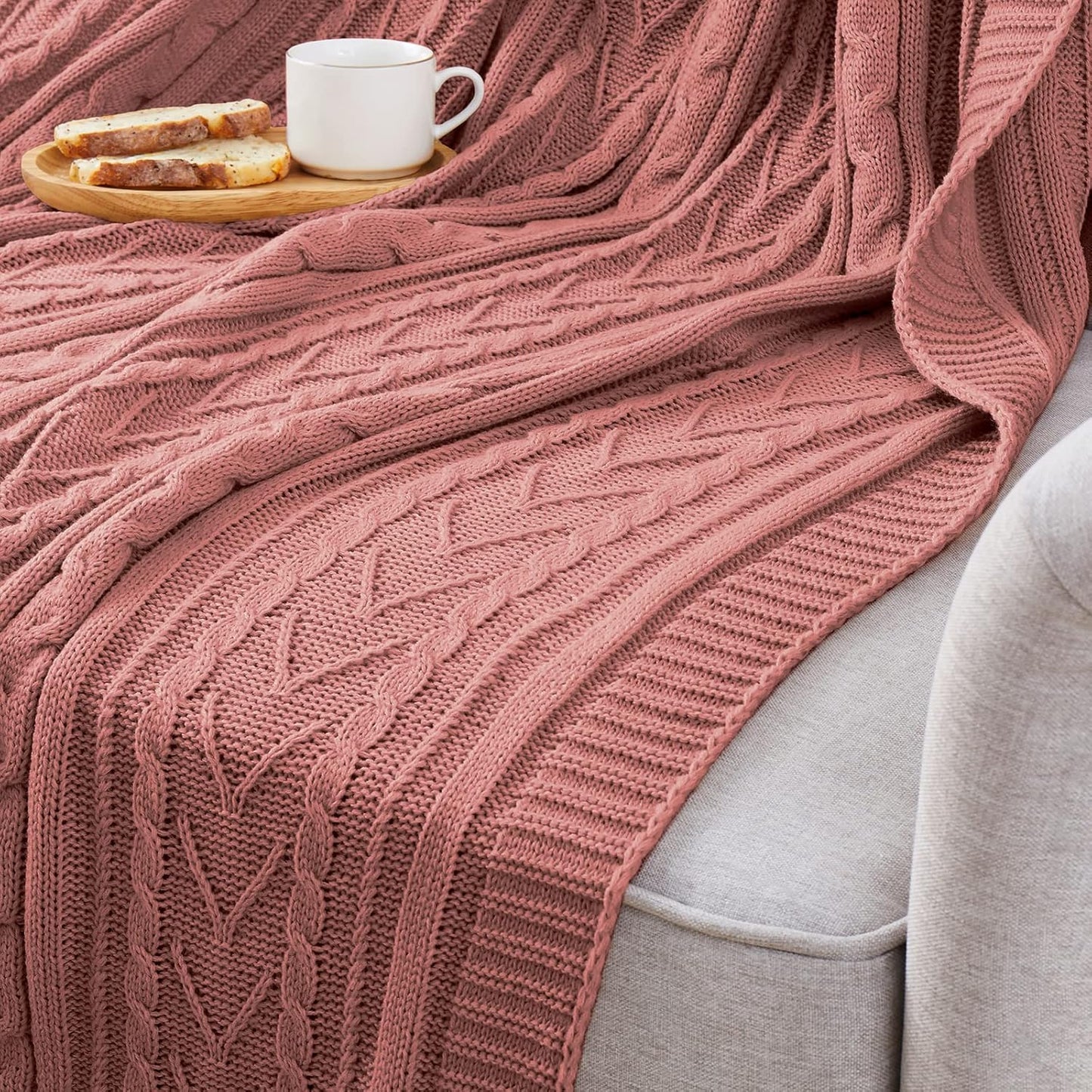 Aormenzy Dusty Pink Cable Knit Throw Blankets for Couch Bed Sofa, Acrylic Knitted Blanket, Soft Cozy Throw Blanket, 50" x 60"