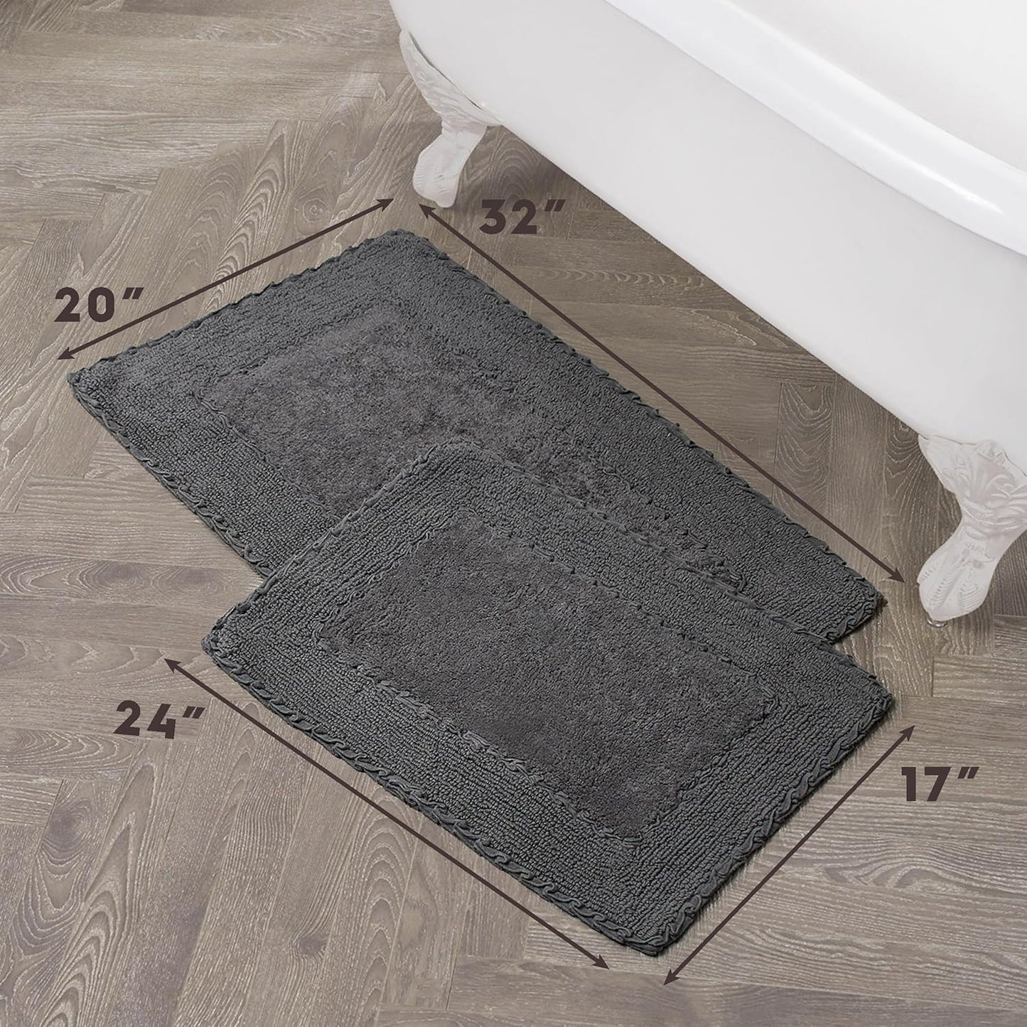 Laura Ashley Ruffle Border 100% Cotton Bath Rug Set, Dark Gray, 17" x 24"/ 20" x 32"