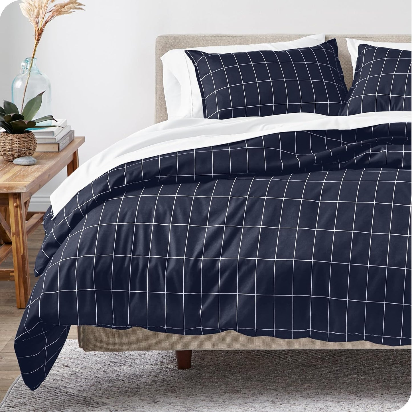 Bare Home Bedding Duvet Cover Extra Long Size - Premium 1800 Super Soft Collection - Lightweight - Soft Textured Bedding (Twin/Twin XL, Grid - Midnight Blue/White)