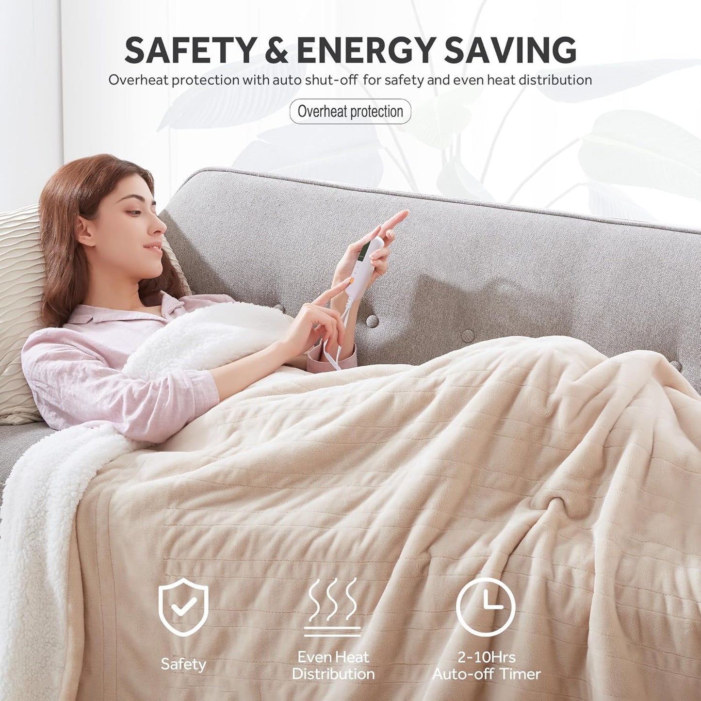 Heated Blanket Electric Blanket King Size Soft Flannel Sherpa, 6 Heat Levels Fast Heating, 2 to 10 Hours Auto-Off Detachable Controller Machine Washable, Beige 100"x90"