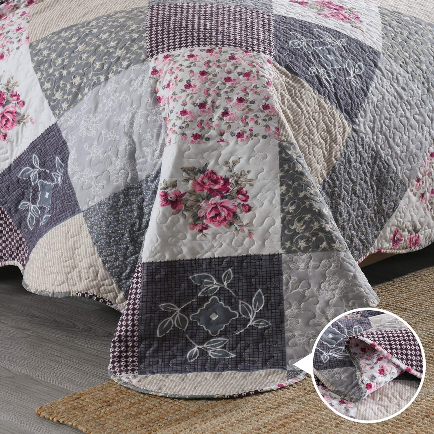 ENJOHOS Farmhouse Quilts King Size - King Quilt Set Grey Bedspread Reversible Patchwork Floral Coverlet Set, Microfiber Lightweight Country Quilts Bedding Set with 2 Pillow Shams（Grey Flower Plaid2）