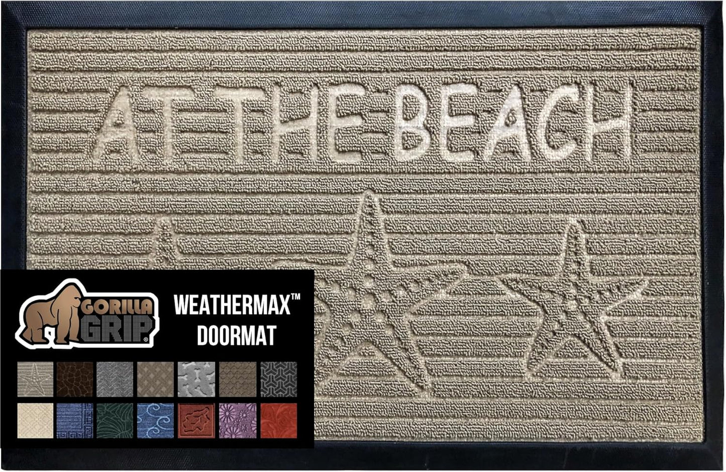 GORILLA GRIP 100% Waterproof All-Season WeatherMax Doormat US Designed Natural Rubber, Stain and Fade Resistant, Low Profile Indoor Outdoor Door Mats, Easy Clean Patio Mat, 17x29, Sand Beach
