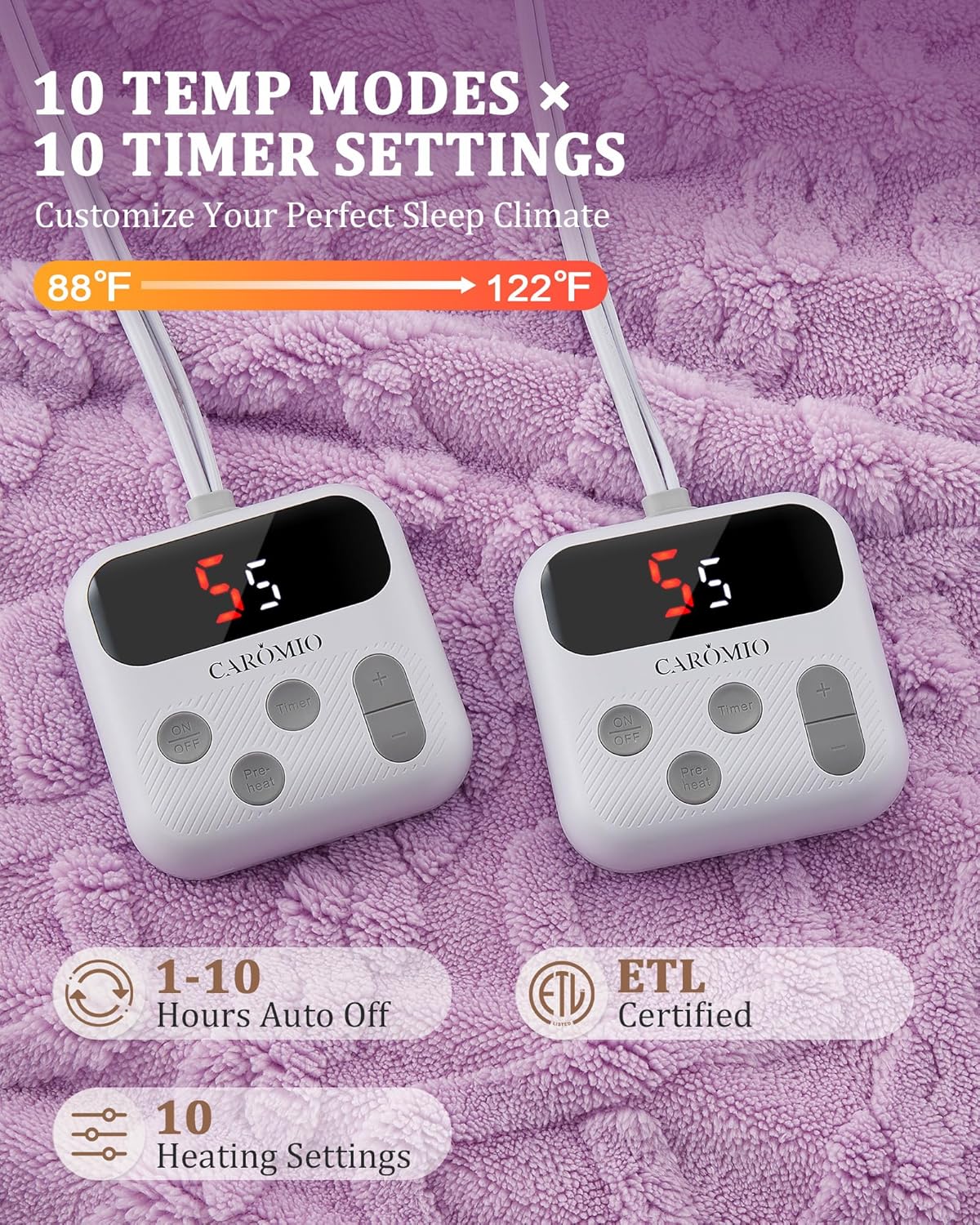 CAROMIO Electric Blanket Queen Size Dual Control - Thick Tufted Sherpa Heated Blanket with 10 Heating Levels and 10 Time Settings, ETL Certified Fast Heating Blanket Queen Size 84"×90", Purple