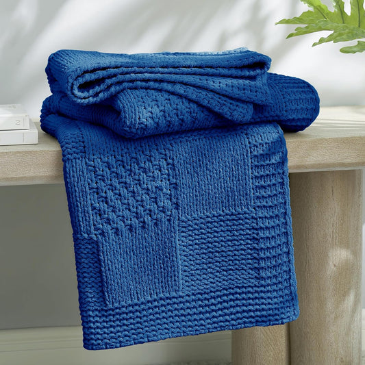 Amélie Home Checkered Chenille Knit Throw Blanket for Couch, Classic Texture Decorative Soft Blanket for Sofa, Chair & Bedroom, 50"x60", Blue